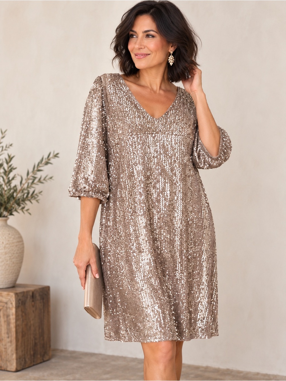 Alfani Sequin Dress Size 16 Mauve Taupe V Neck 3/4 Sleeve NWT